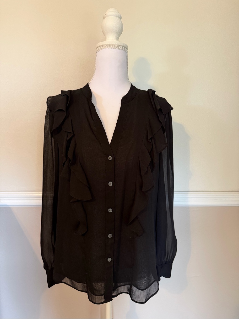 Ann Taylor Black Ruffle Button-Front Blouse